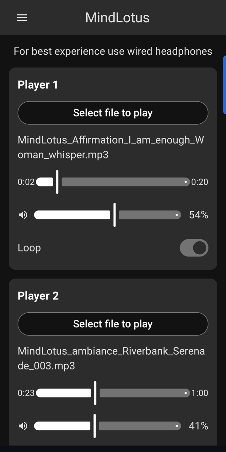MindLotus main screen on a phone with Player 1 playing an affirmation and Player 2 playing a riverbank ambiance, dark theme