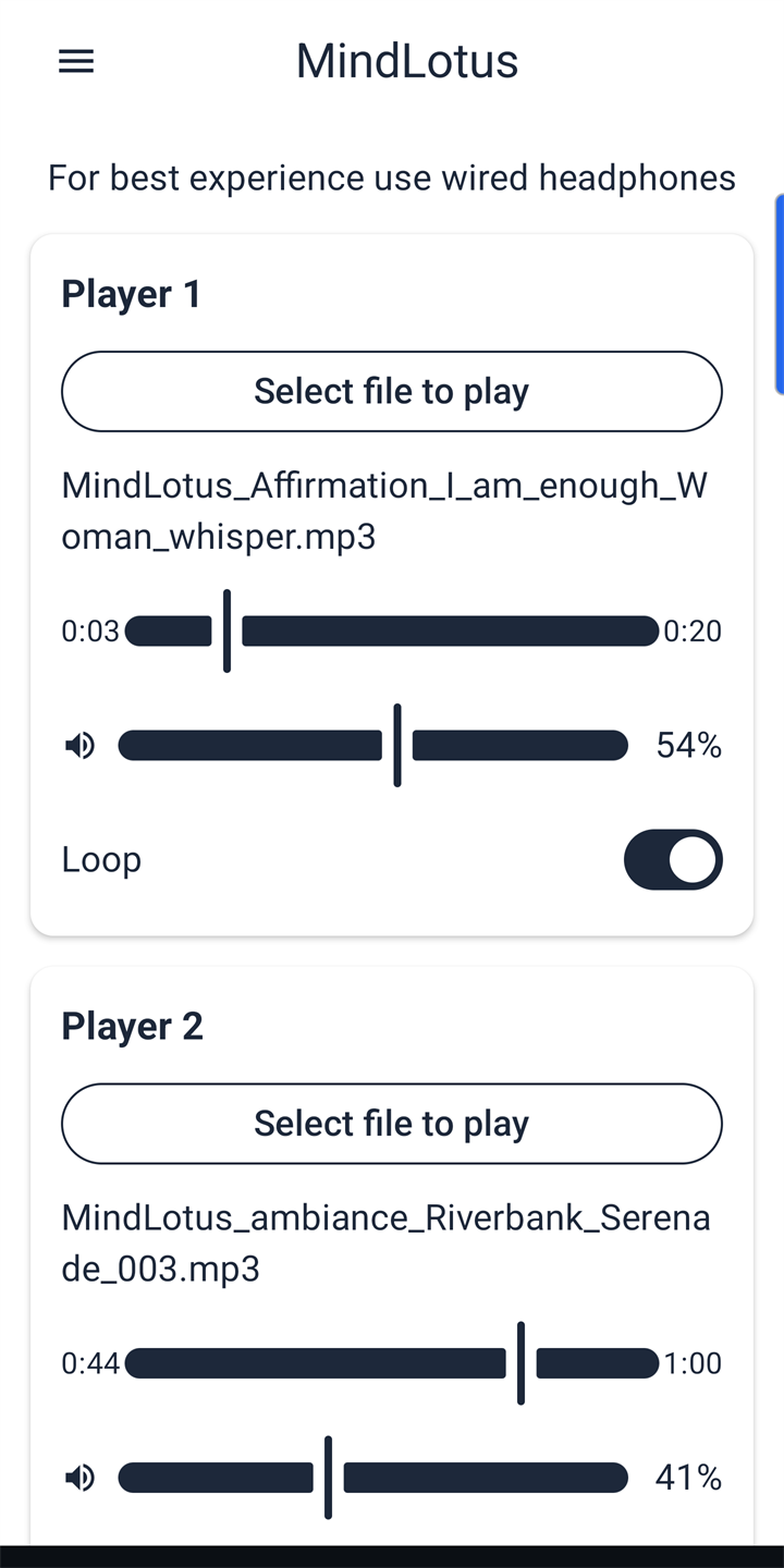 MindLotus main screen in light theme with both players loaded and progress bars advancing