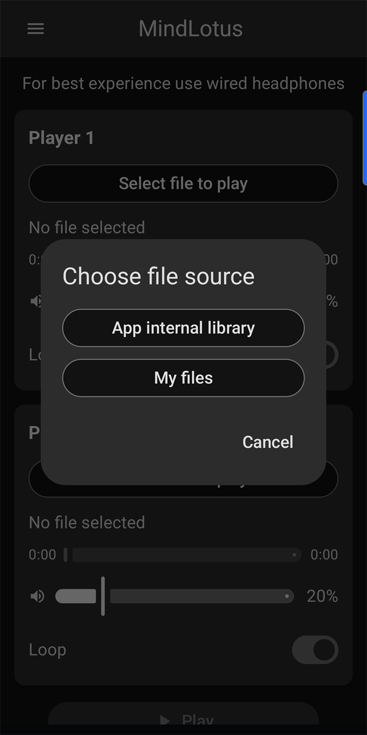 Choose file source dialog showing options to load audio from the app internal library or My files on the device