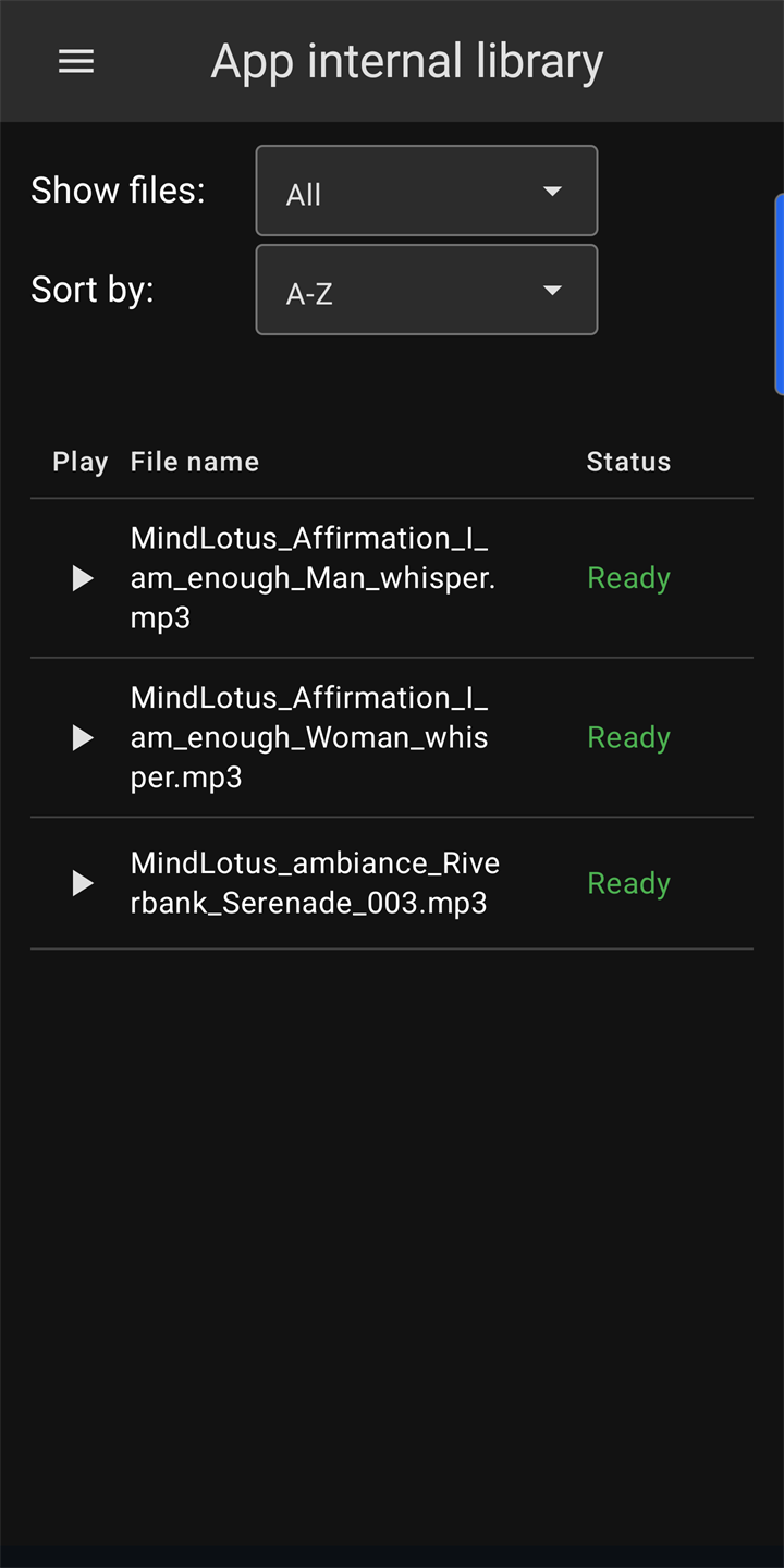App internal library screen listing included MindLotus affirmation and ambiance tracks, all marked Ready