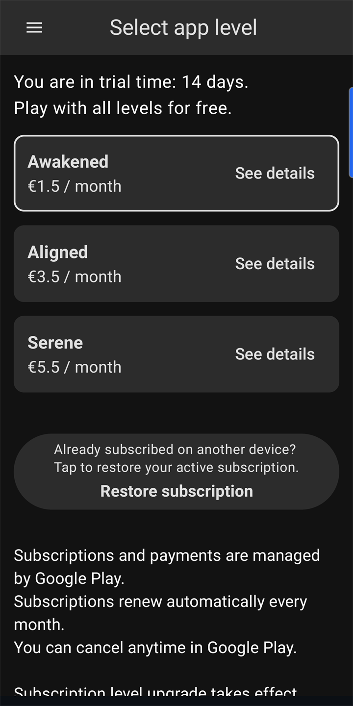 Select app level screen showing three subscription tiers Awakened, Aligned, and Serene with monthly prices in euros