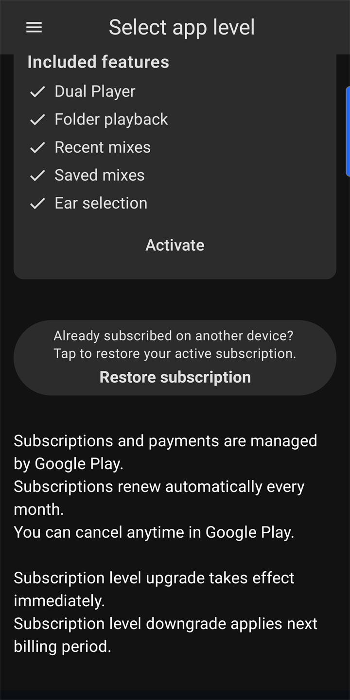 Serene plan feature checklist including Dual Player, Folder playback, Recent mixes, Saved mixes, and Ear selection
