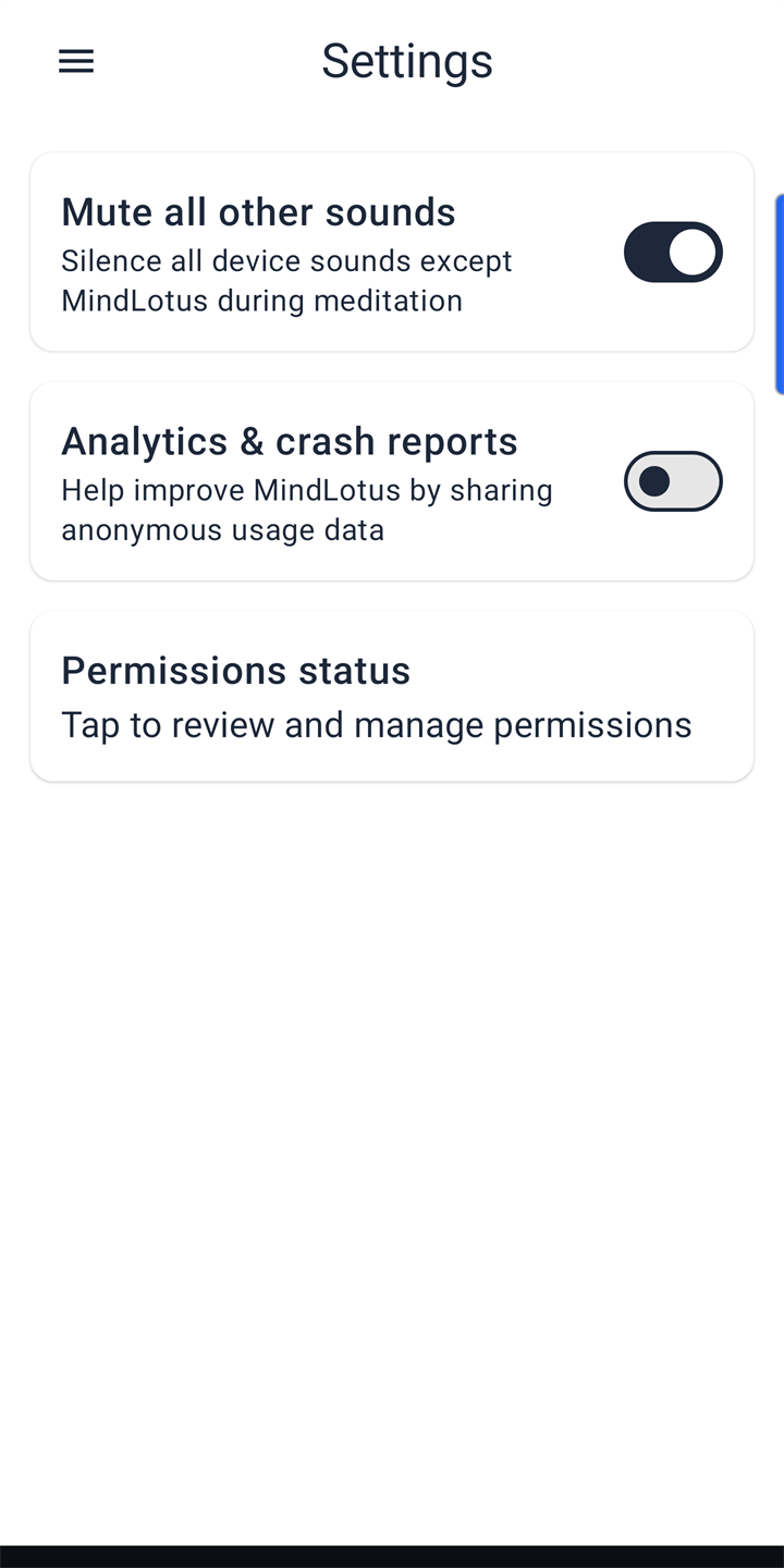 Settings screen with toggles for Mute all other sounds during meditation and opt-in Analytics and crash reports