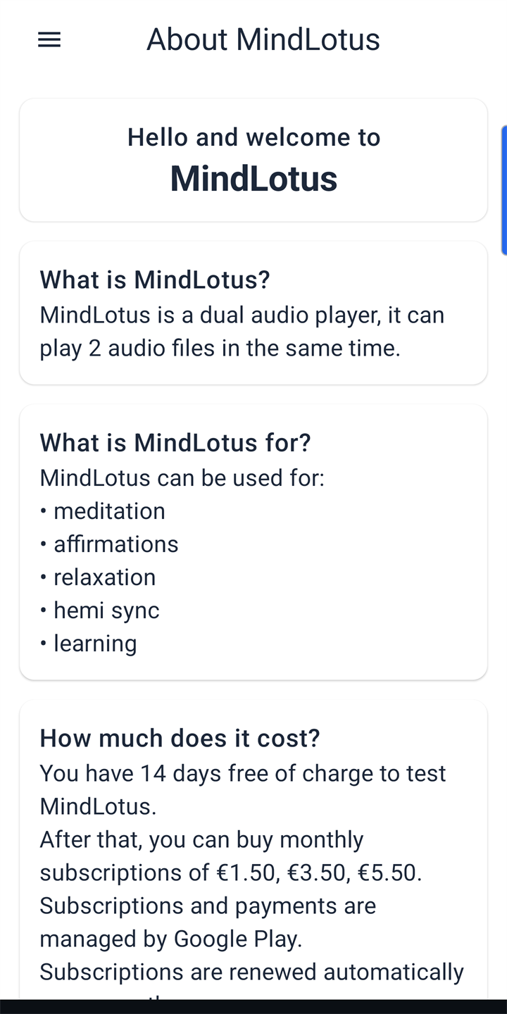 About MindLotus screen describing the dual audio player for meditation, affirmations, relaxation, hemi-sync, and learning